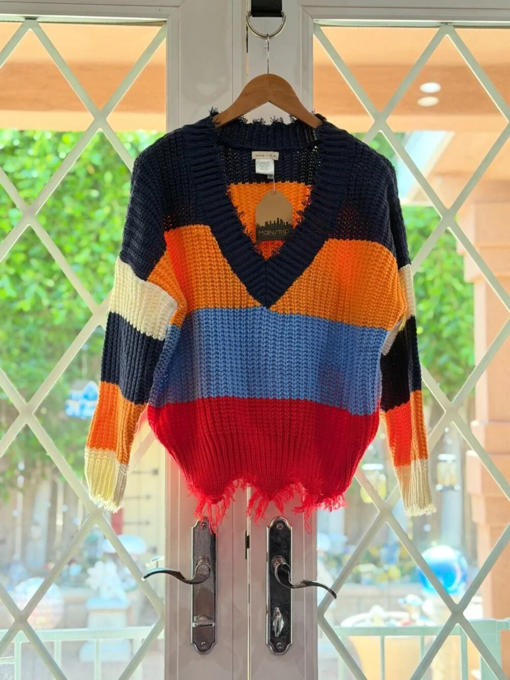 🧡💙 Main Strip Color Block Distressed Sweater | Size M | Boho Chunky Knit | NWT